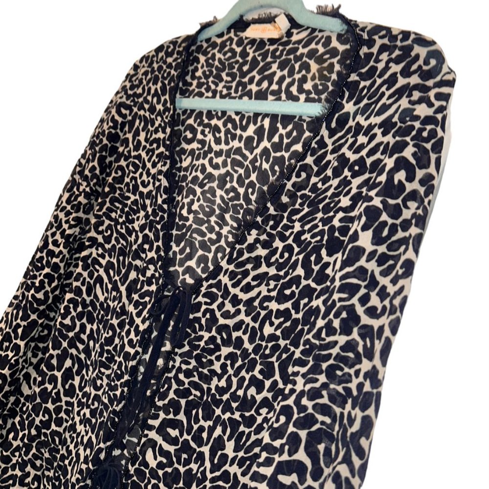 Tory Burch blue Leopard Print sheer tie front cover up top S - Picture 5 of 5